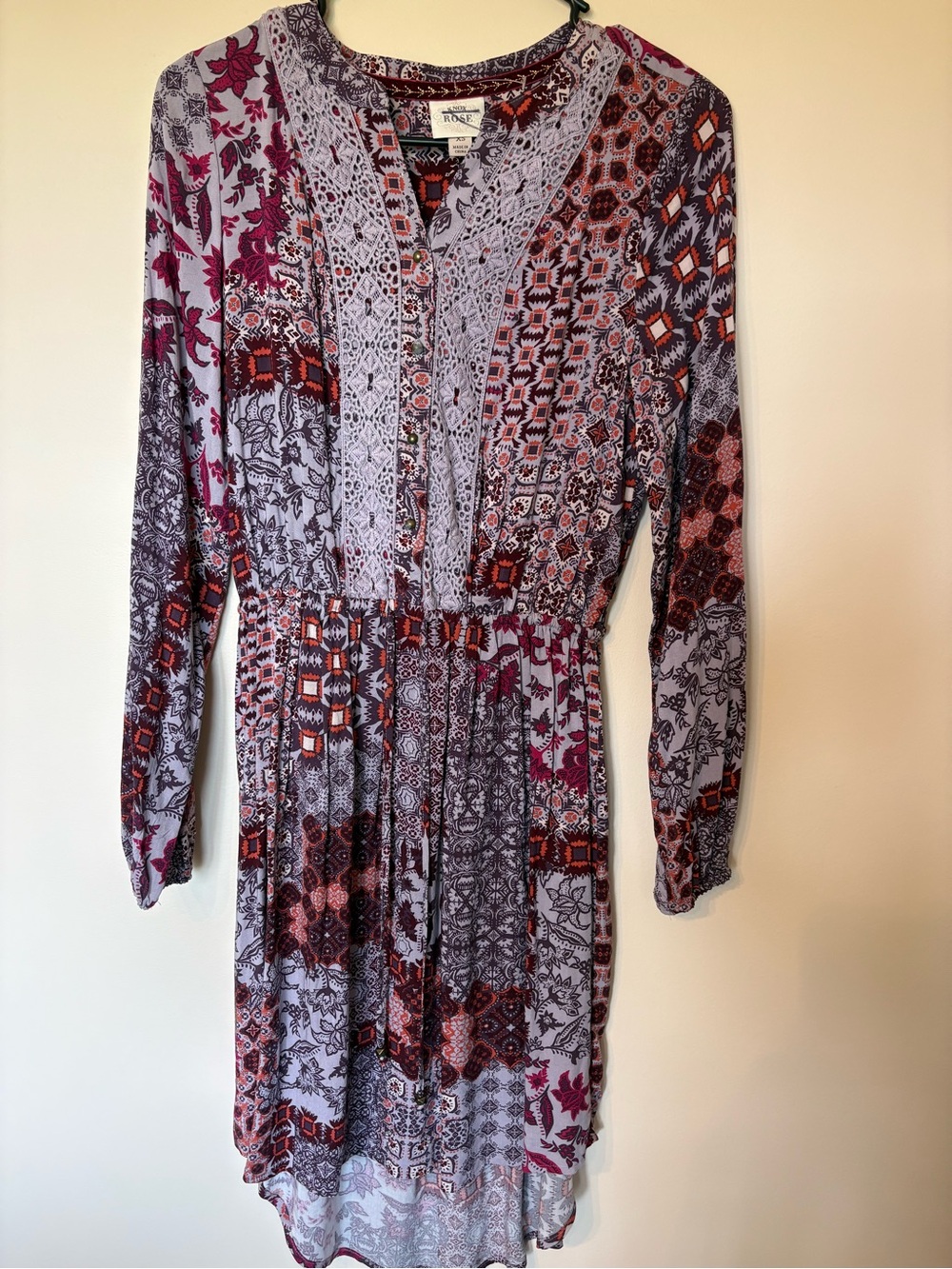 Knox Rose Womens Boho Patchwork Print High Low Dress Crochet Lace XS Multi-Color